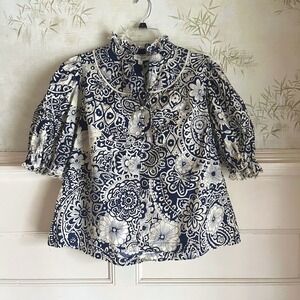 Umgee Navy Blue Cream Floral Paisley Puff Sleeve Ruffle Boho Cotton Blouse L NWT